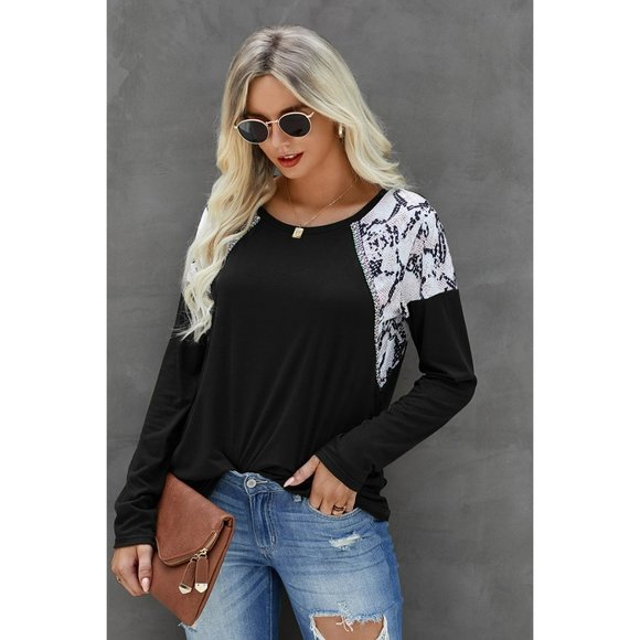 New Round Neck Long Sleeve Color Block Top w/Leopard Accents - Picture 4 of 5